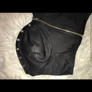 Studded black faux leather fitted zip up crop top
